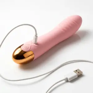 the Swirlette vibrating dildo connected and charging to it's dc usb charging cord