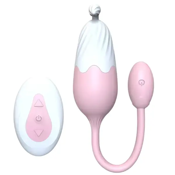 The Thermavie silicone heated love egg in soft pink and white design shown with its matching remote control featuring simple buttons.