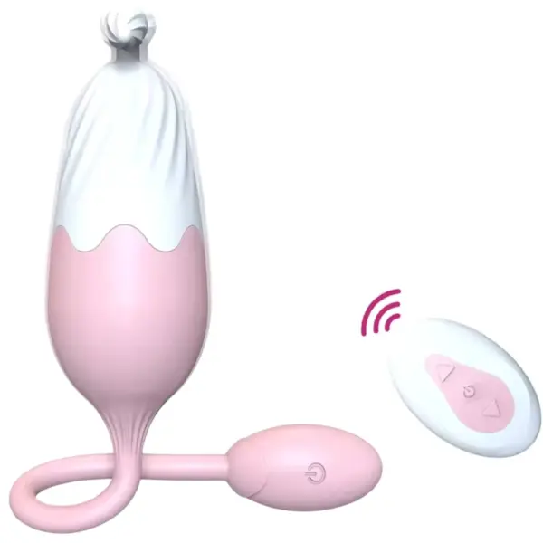 The Thermavie silicone heated love egg paired with a wireless remote, highlighting its curved silicone body and flexible tail.