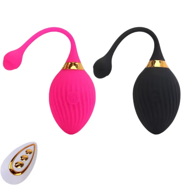 Side-by-side view of the Veloura remote love egg in hot pink and matte black, with matching gold accent rings and a teardrop-shaped remote.
