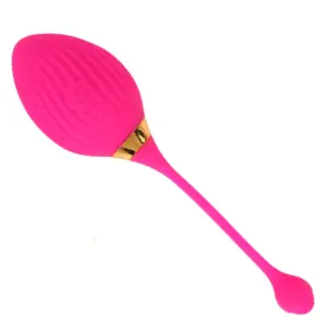 Angled side view of the Veloura remote love egg in bright pink, showing its elongated flexible tail and smooth, contoured design.