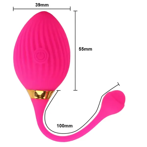 Dimensions of the Veloura love egg labeled in millimeters, showing 55mm body length, 39mm width, and a 100mm curved tail, all in bold pink silicone.