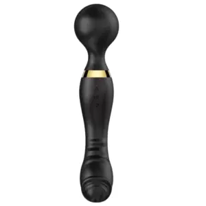 Sleek black VibraXis Dual End Wand Massager with a rounded massage head on one end and a ribbed vibrating tip on the other, accented by a gold band.