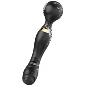 The black VibraXis Dual End Wand Massager shown with water splashes, emphasizing its waterproof design and two-in-one stimulation features.