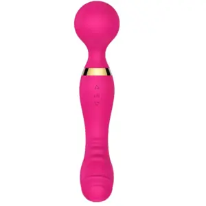 Front view of the hot pink VibraXis Dual End Wand Massager featuring dual intensity buttons and soft-touch silicone design.