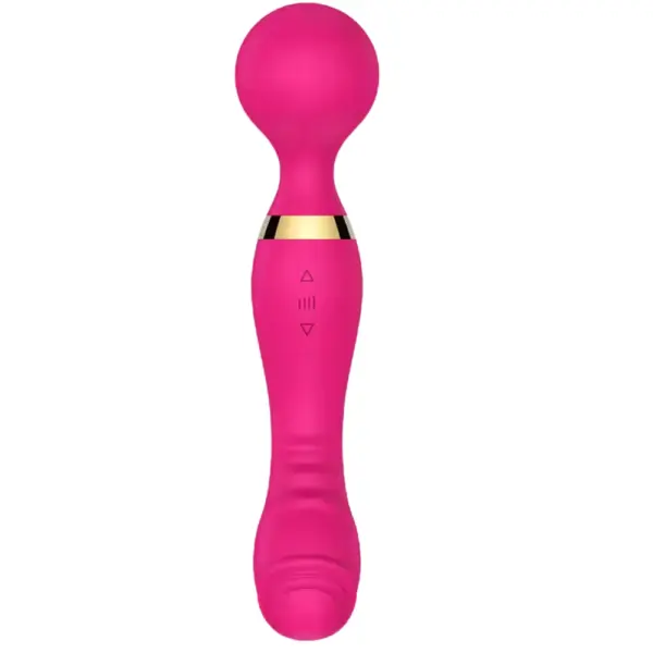 Front view of the hot pink VibraXis Dual End Wand Massager featuring dual intensity buttons and soft-touch silicone design.
