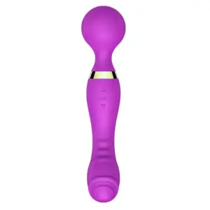 The purple version of the VibraXis Dual End Wand Massager with a smooth bulb-shaped head and textured bottom for versatile pleasure.