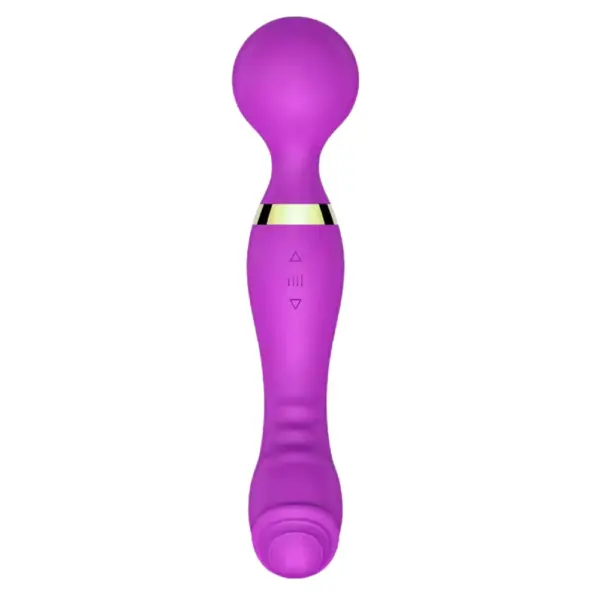 The purple version of the VibraXis Dual End Wand Massager with a smooth bulb-shaped head and textured bottom for versatile pleasure.