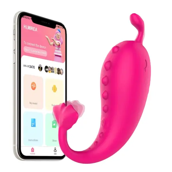 Hot pink version of the Vibressa vibrator positioned next to a smartphone displaying its app interface, highlighting remote control features and interactive functionality.