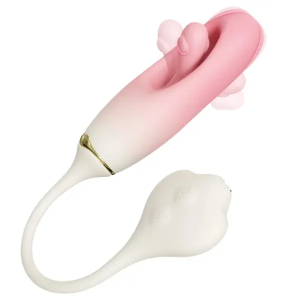 Viorra love egg mid-motion, showing the internal nub actively licking within the pink oval chamber, designed for targeted stimulation.