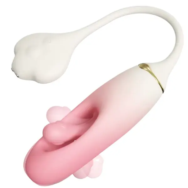 Viorra in a curved resting position, highlighting the gold-trimmed transition point and water-resistant dual-tone silicone body with an animated licking feature.