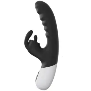 Black version of the VoltBloom with identical flickering clitoral stimulator and textured shaft, paired with a smooth white handle for easy grip.