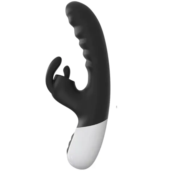 Black version of the VoltBloom with identical flickering clitoral stimulator and textured shaft, paired with a smooth white handle for easy grip.