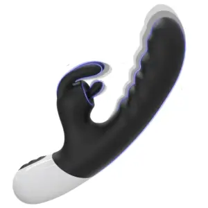 Black VoltBloom vibrator shown mid-vibration with glowing blue accent lines tracing the movement of the flickering clitoral tip and ridged shaft.