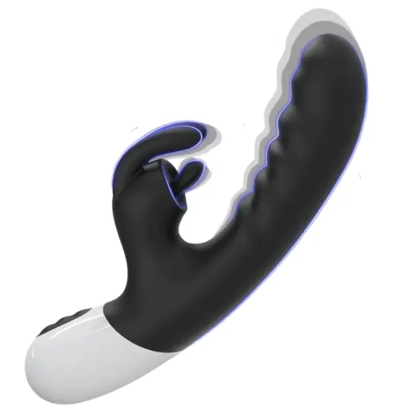 Black VoltBloom vibrator shown mid-vibration with glowing blue accent lines tracing the movement of the flickering clitoral tip and ridged shaft.