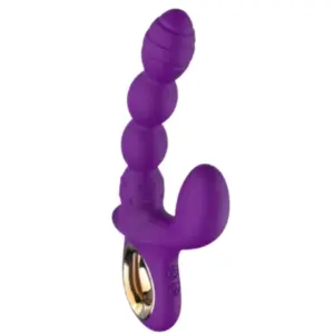 Angled view of the PurplePulse vibrator in purple, featuring a beaded insertable shaft and curved external stimulator with a built-in gold-accented loop handle.