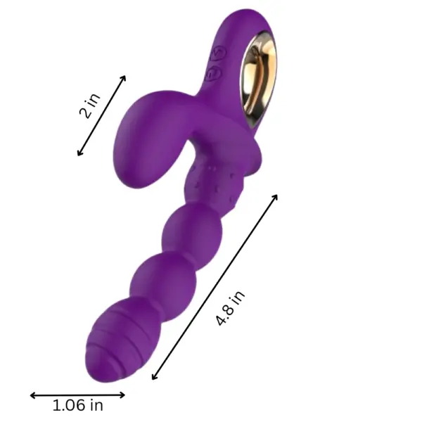 PurplePulse vibrator shown with labeled dimensions: 4.8 inches insertable length, 2-inch external stimulator, and 1.06-inch shaft width at the widest point.
