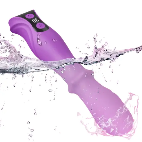 The TriNova thrusting vibrator partially submerged in water, demonstrating its waterproof construction ideal for shower or bath use.