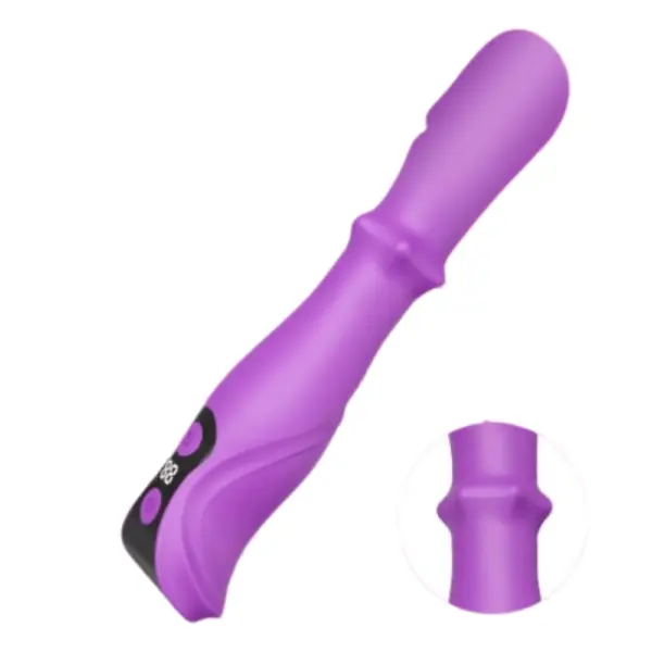 Angled view of the TriNova vibrator with focus on the raised center ridge and ergonomic handle, including a close-up of the flexible mid-shaft designed for rhythmic thrusting.