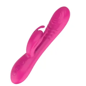 Soft Rabbit with Triple Action – PlushTri in hot pink silicone features a contoured shaft, flexible rabbit-style clitoral stimulator, and additional external nub designed for anal or perineal stimulation.