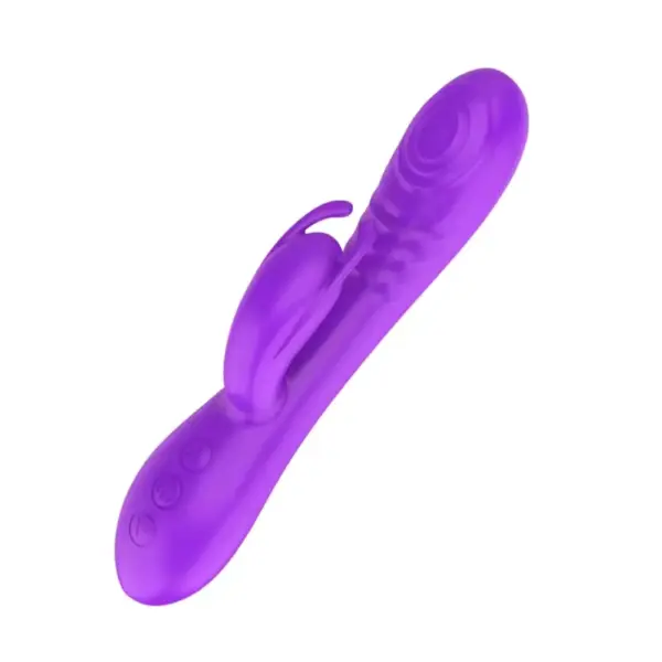 Soft Rabbit with Triple Action – PlushTri in purple colorway featuring the same contoured shaft, dual external arms, and three-button control interface for personalized play.