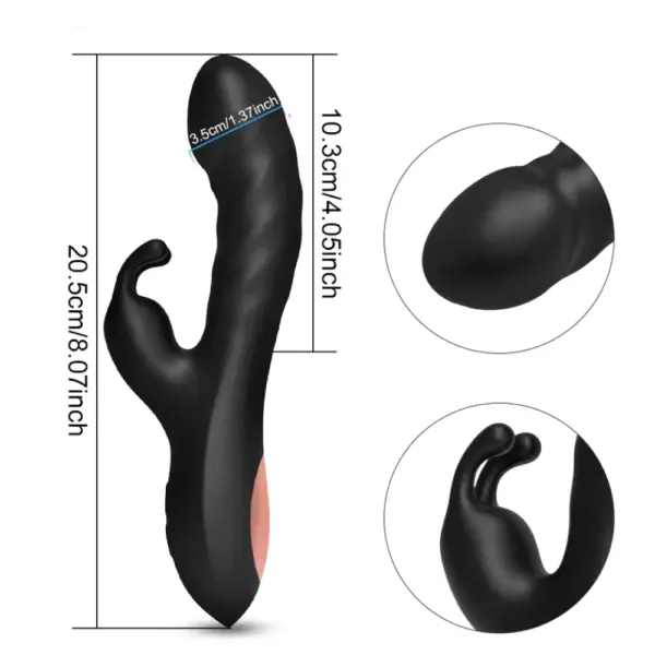 Realistic Rechargeable Rabbit – SilkyLap with labeled measurements in inches and centimeters, showing close-up insets of the rounded shaft and dual stimulator arms.