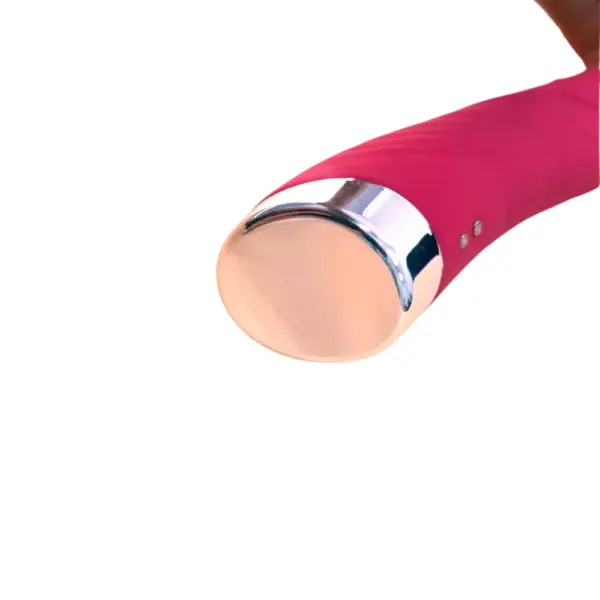 Close-up of BigBabe dildo’s sleek metallic charging base, contrasting against the textured silicone shaft for a stylish and functional finish.