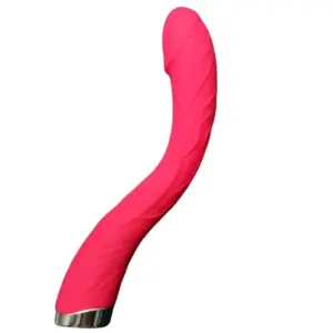 Large Vibrating Dildo – BigBabe in a bold pink color with a dramatic curve and raised veined texture for enhanced internal stimulation.