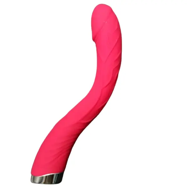 Large Vibrating Dildo – BigBabe in a bold pink color with a dramatic curve and raised veined texture for enhanced internal stimulation.
