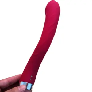 The BigBabe large vibrating dildo held upright in hand, showing its full length, realistic girth, and subtle ridges for added intensity.
