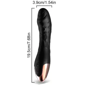 DripDart dildo with labeled dimensions of 19.5 cm in length and 3.9 cm in width, highlighting its contoured body and ergonomic design.