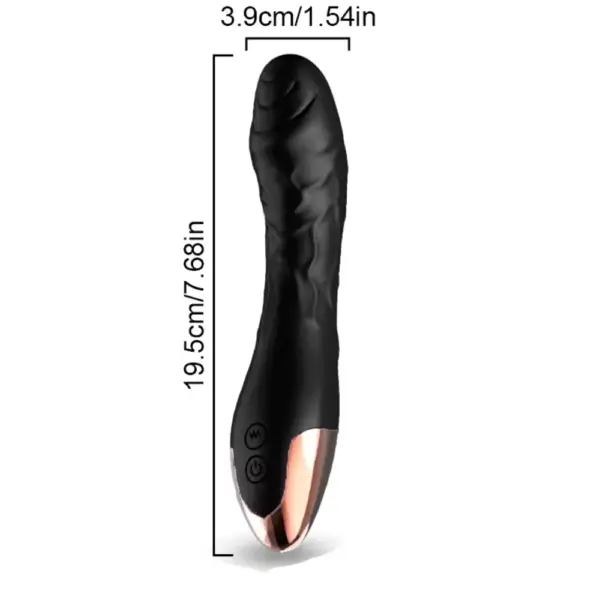 DripDart dildo with labeled dimensions of 19.5 cm in length and 3.9 cm in width, highlighting its contoured body and ergonomic design.