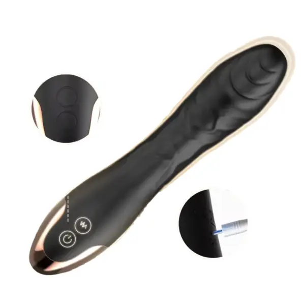 Laid-flat view of the DripDart vibrator showing its flexible, lifelike shaft, illuminated control interface, and close-up of the USB charging port.