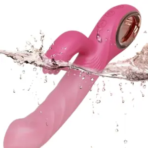 BloomRipple rabbit vibrator captured mid-splash in water to emphasize its waterproof construction, with control buttons and triple tongue stimulator clearly visible.