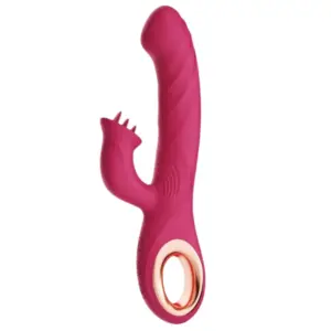 BloomRipple rabbit vibrator shown upright in deep pink, featuring a curved textured shaft and clitoral stimulator with three flexible tongue-like flickers.