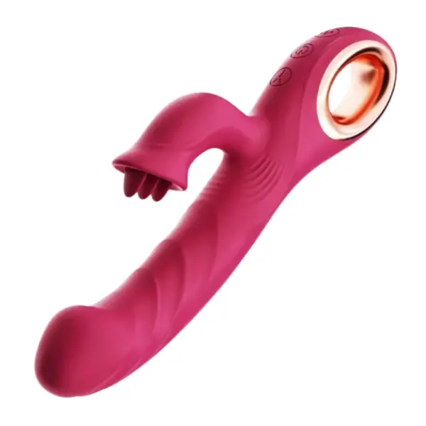 Side angle of BloomRipple rabbit vibrator displaying a swirled shaft, three-button controls, and ergonomic gold loop handle for easy grip and control.