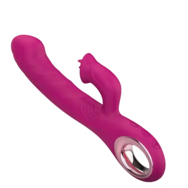 Top-down view of the BloomRipple vibrator showcasing the triple tongue flicker within the external stimulator and contoured shaft design.