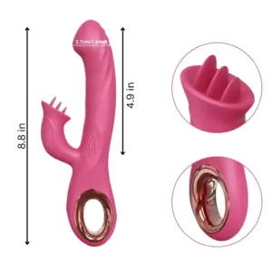 BloomRipple vibrator with labeled dimensions of 8.8 inches total length and 4.9 inches insertable, alongside close-ups of the triple flicker tongues and gold-accented loop handle.
