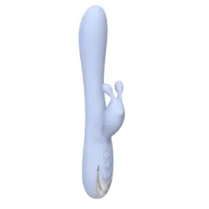 Slim Rechargeable Rabbit – CharmChase in light blue silicone with a smooth, tapered shaft and dual-pronged clitoral stimulator. Features a metallic base with heart-shaped control buttons.