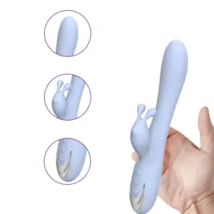 CharmChase held in hand with close-up insets showing the smooth shaft, bunny-shaped stimulator, and heart-shaped control buttons for easy operation.