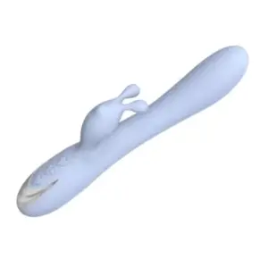 CharmChase vibrator shown from a side angle, highlighting its slender curved body and soft silicone dual-pronged clitoral stimulator.