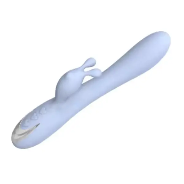 CharmChase vibrator shown from a side angle, highlighting its slender curved body and soft silicone dual-pronged clitoral stimulator.
