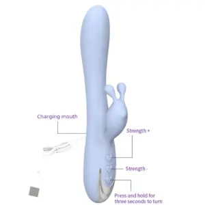 CharmChase shown with labels marking the USB charging port and control buttons for increasing or decreasing vibration intensity and power.
