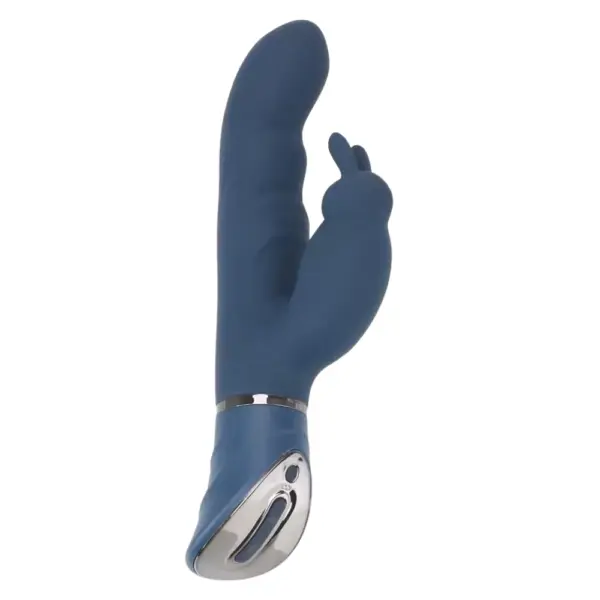 Curved Dual Motor Rabbit – FlexNest in navy blue silicone featuring a ribbed shaft and external clitoral stimulator with dual motors for blended pleasure.