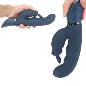 Two views of the FlexNest rabbit vibrator held in hand, showing the flexible clitoral arm and curved shaft designed for dual stimulation and maneuverability.