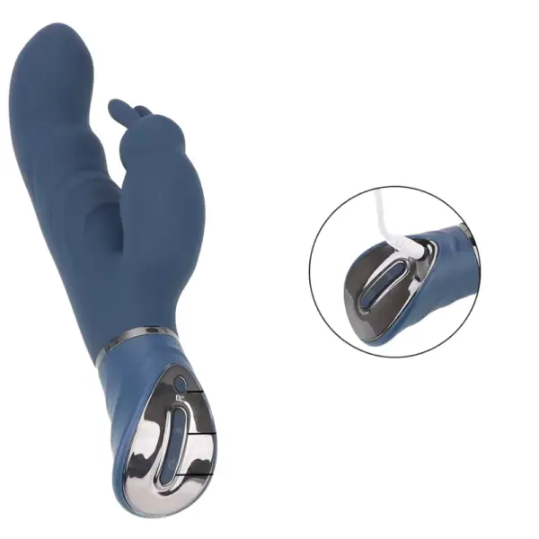 FlexNest rabbit vibrator lying on its side with zoomed-in view of the USB charging port and control buttons located on the sleek silver base.