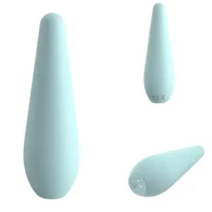 Three angles of the PetalMuse clitoral vibrator in light blue showing front, back, and side perspectives with a teardrop shape and simple power interface.