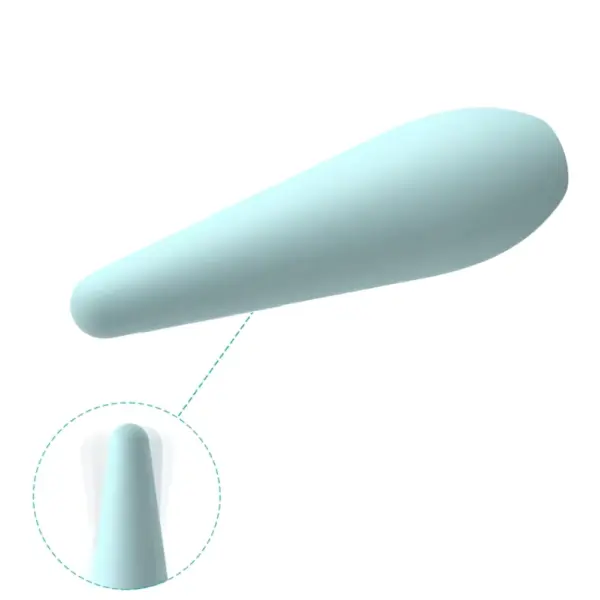 Close-up of the PetalMuse tip with motion graphic highlighting pinpoint vibrations focused at the soft rounded end of the tapered design.