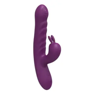 Purple rabbit vibrator with a ribbed shaft and rounded tip, featuring a dual stimulation design with a curved clitoral arm and subtle spiral texture on the head.
