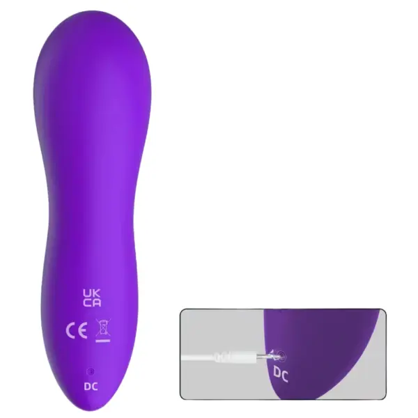 Air Pressure Vibrator – AirMuse seen from the back with CE markings and a close-up of the charging port for USB connection.